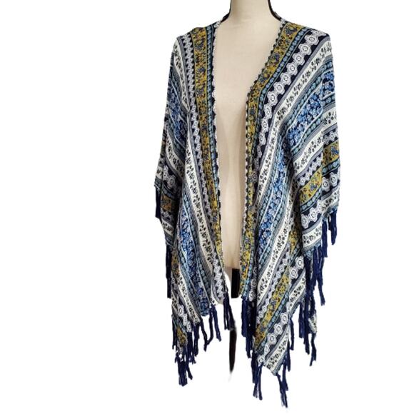 Umgee Bohemian Handkerchief Blue Floral Tassel Cardigan S/M - Picture 2 of 5